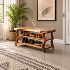 Wavy Leg Shoe Bench with Two Shoe Shelves, Live Edge Solid Wood Entryway Storage Bench