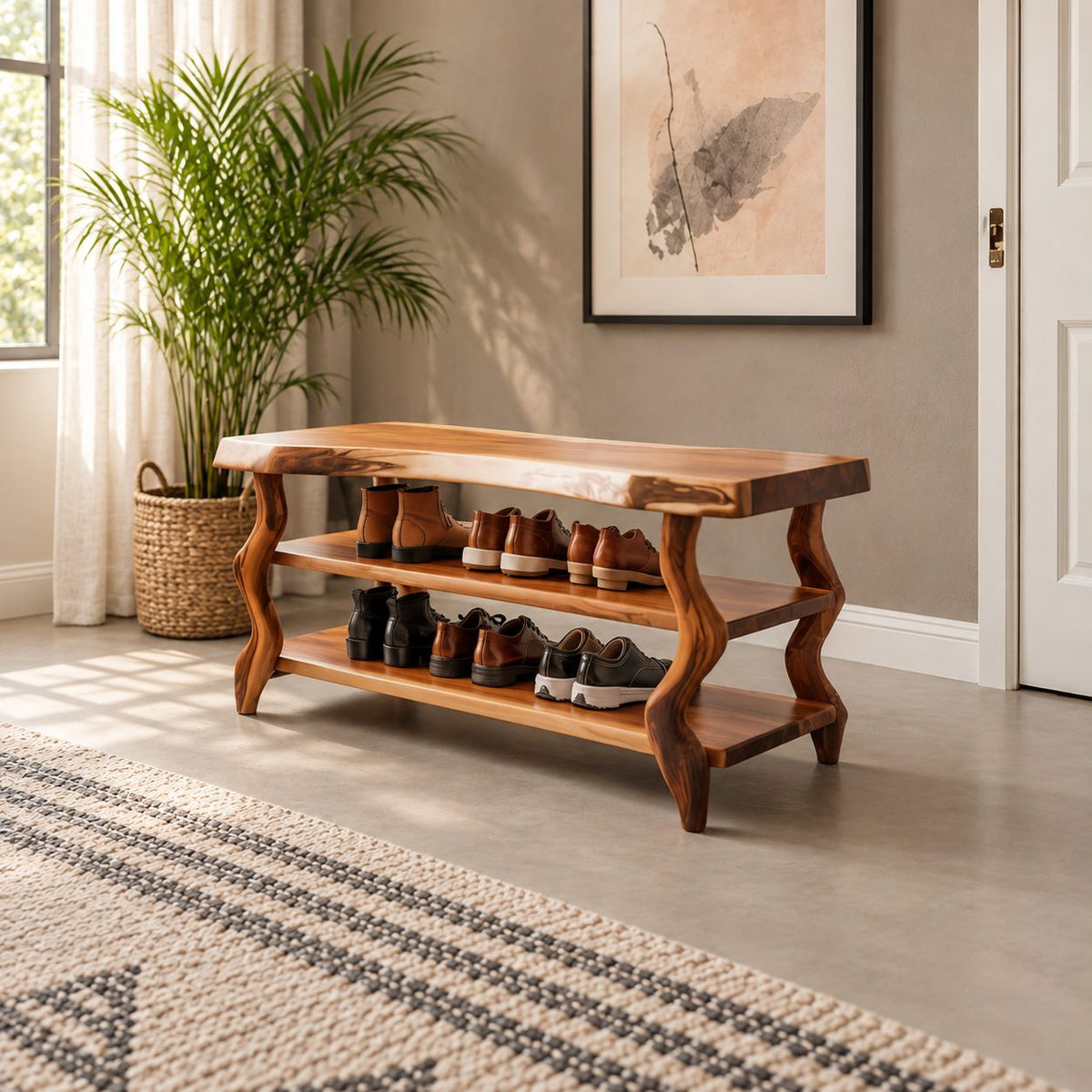 Wavy Leg Shoe Bench with Two Shoe Shelves, Live Edge Solid Wood Entryway Storage Bench