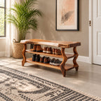 Wavy Leg Shoe Bench with Two Shoe Shelves, Live Edge Solid Wood Entryway Storage Bench