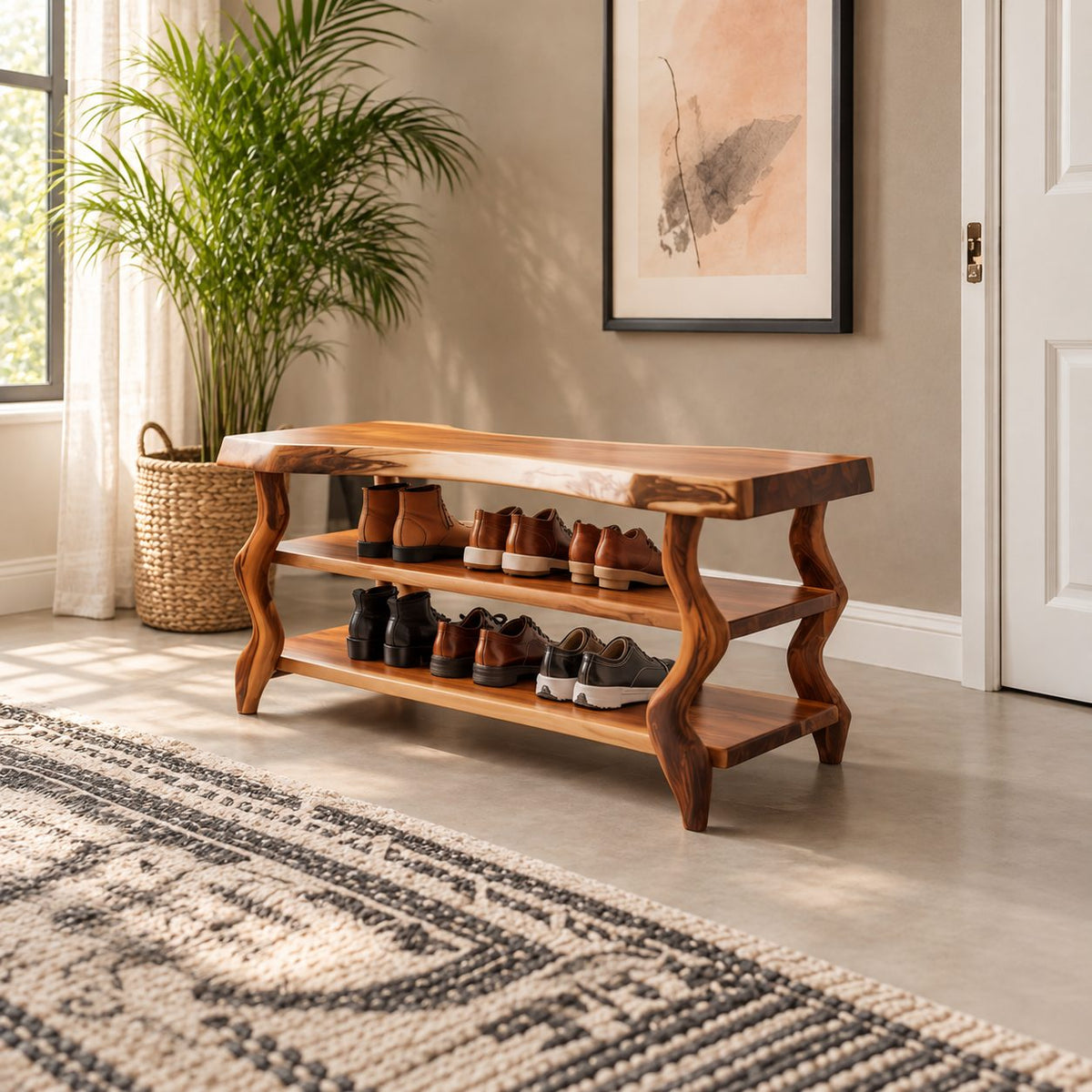 Wavy Leg Shoe Bench with Two Shoe Shelves, Live Edge Solid Wood Entryway Storage Bench