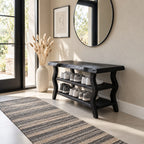 Wavy Leg Shoe Bench with Two Shoe Shelves, Live Edge Solid Wood Entryway Storage Bench