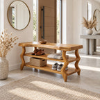 Wavy Leg Shoe Bench with Two Shoe Shelves, Live Edge Solid Wood Entryway Storage Bench