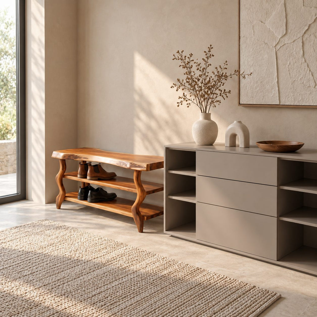 Wavy Leg Shoe Bench with Two Shoe Shelves, Live Edge Solid Wood Entryway Storage Bench