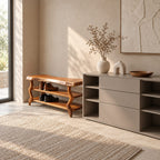 Wavy Leg Shoe Bench with Two Shoe Shelves, Live Edge Solid Wood Entryway Storage Bench
