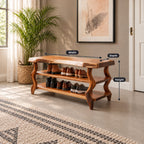 Wavy Leg Shoe Bench with Two Shoe Shelves, Live Edge Solid Wood Entryway Storage Bench