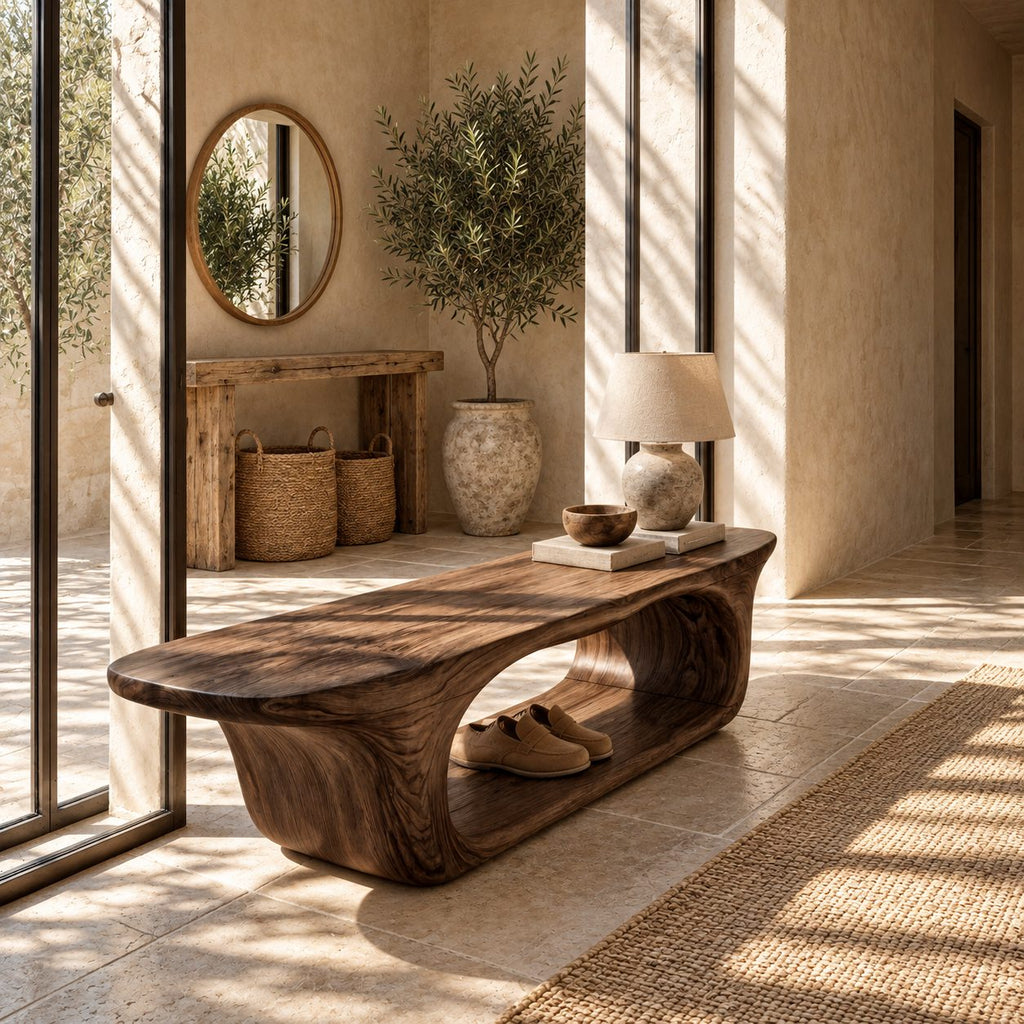 Rounded Capsule Shoe Bench, Sculpted Solid Wood Entryway Bench with Oval Open Loop Base