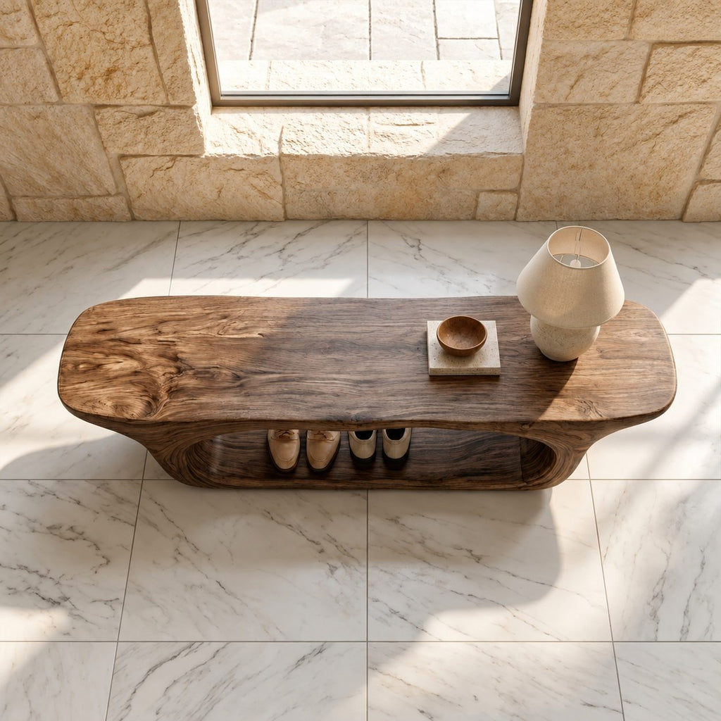 Rounded Capsule Shoe Bench, Sculpted Solid Wood Entryway Bench with Oval Open Loop Base