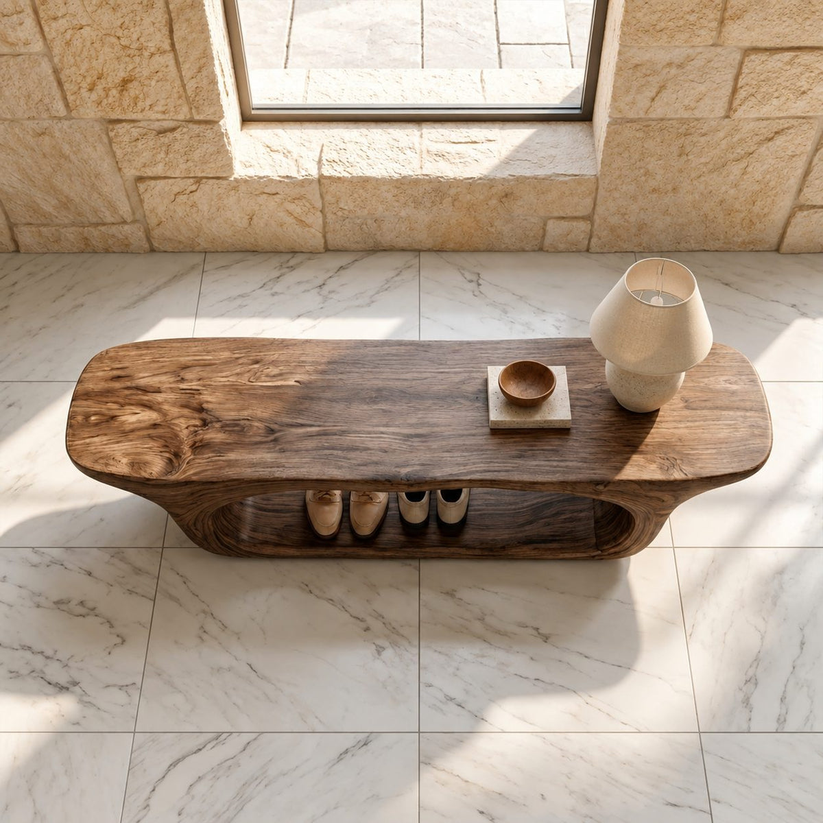 Rounded Capsule Shoe Bench, Sculpted Solid Wood Entryway Bench with Oval Open Loop Base