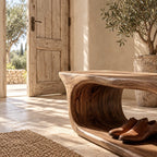 Rounded Capsule Shoe Bench, Sculpted Solid Wood Entryway Bench with Oval Open Loop Base