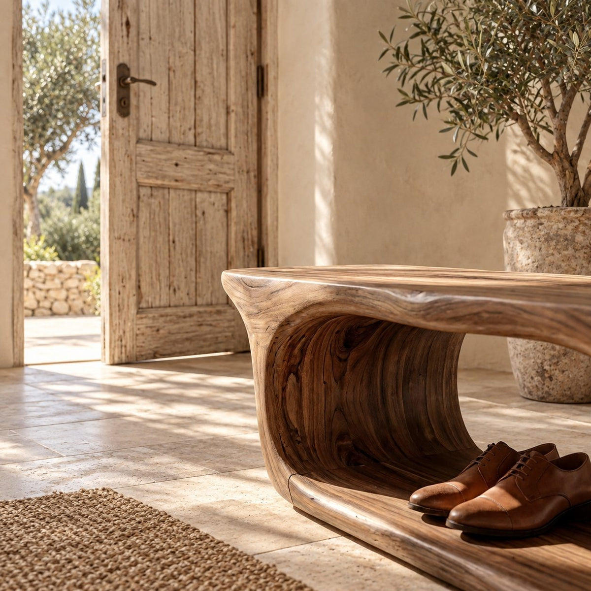 Rounded Capsule Shoe Bench, Sculpted Solid Wood Entryway Bench with Oval Open Loop Base