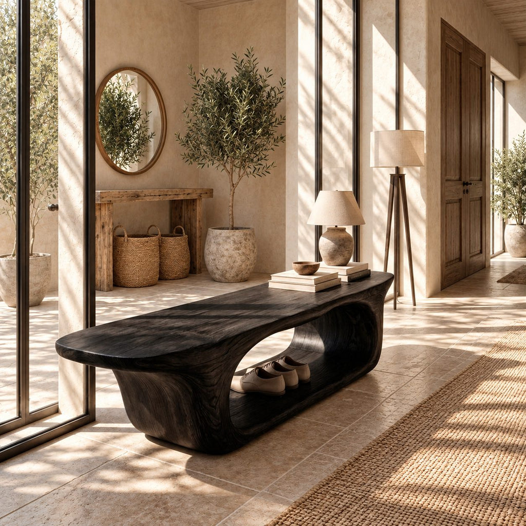 Rounded Capsule Shoe Bench, Sculpted Solid Wood Entryway Bench with Oval Open Loop Base