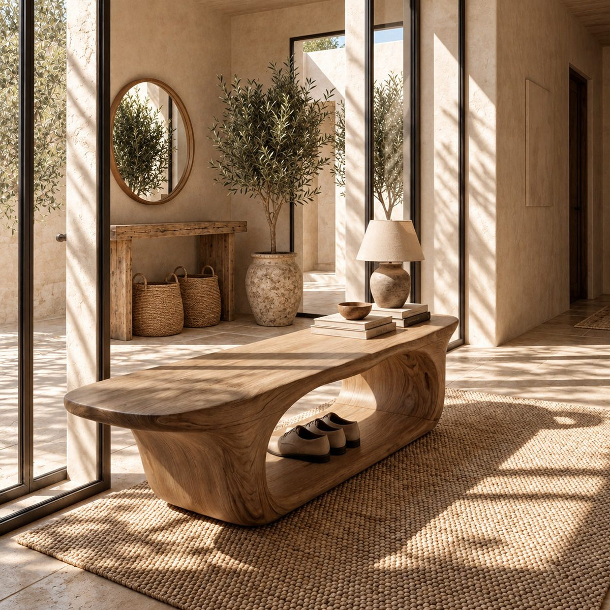 Rounded Capsule Shoe Bench, Sculpted Solid Wood Entryway Bench with Oval Open Loop Base