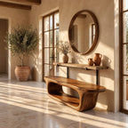 Rounded Capsule Shoe Bench, Sculpted Solid Wood Entryway Bench with Oval Open Loop Base