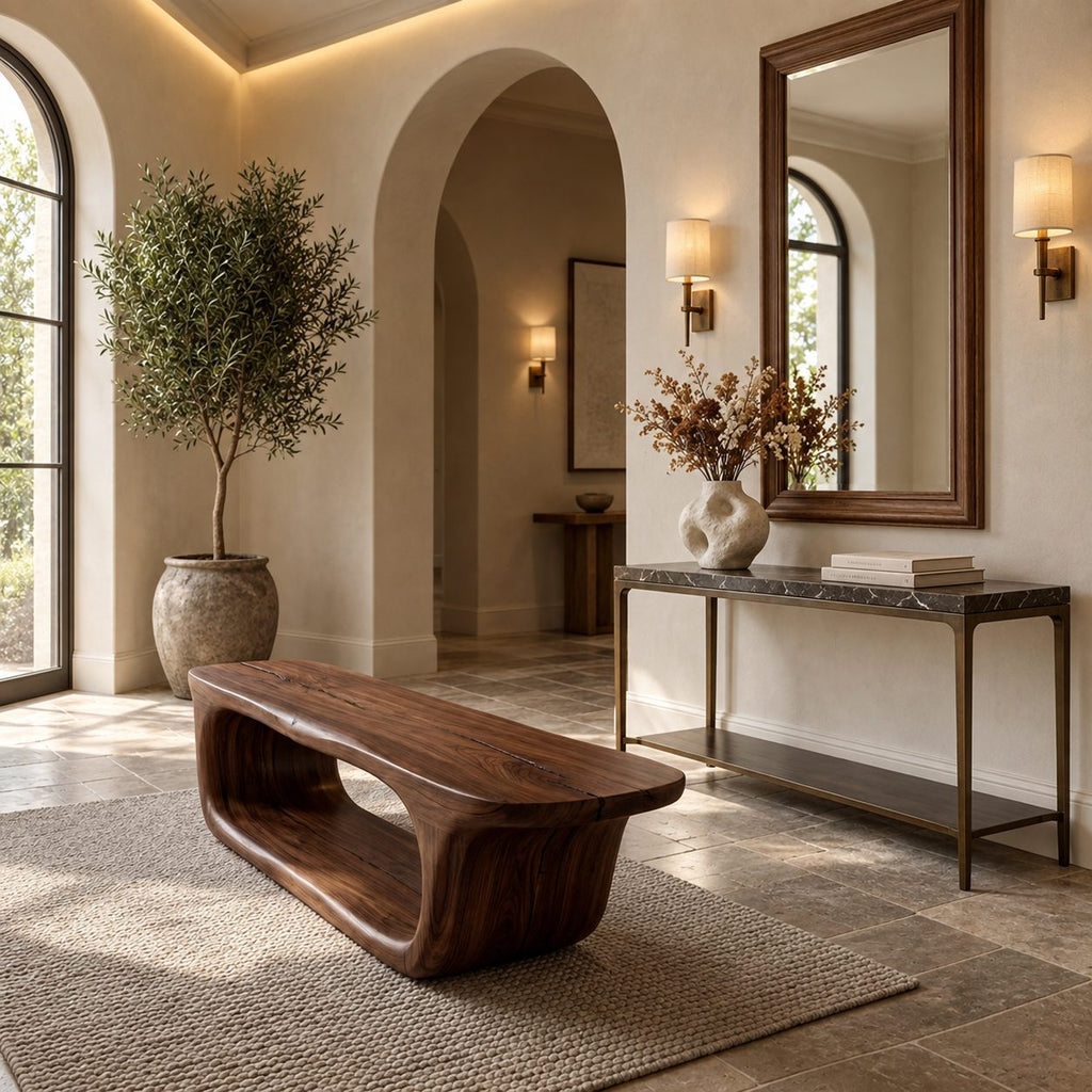 Rounded Capsule Shoe Bench, Sculpted Solid Wood Entryway Bench with Oval Open Loop Base