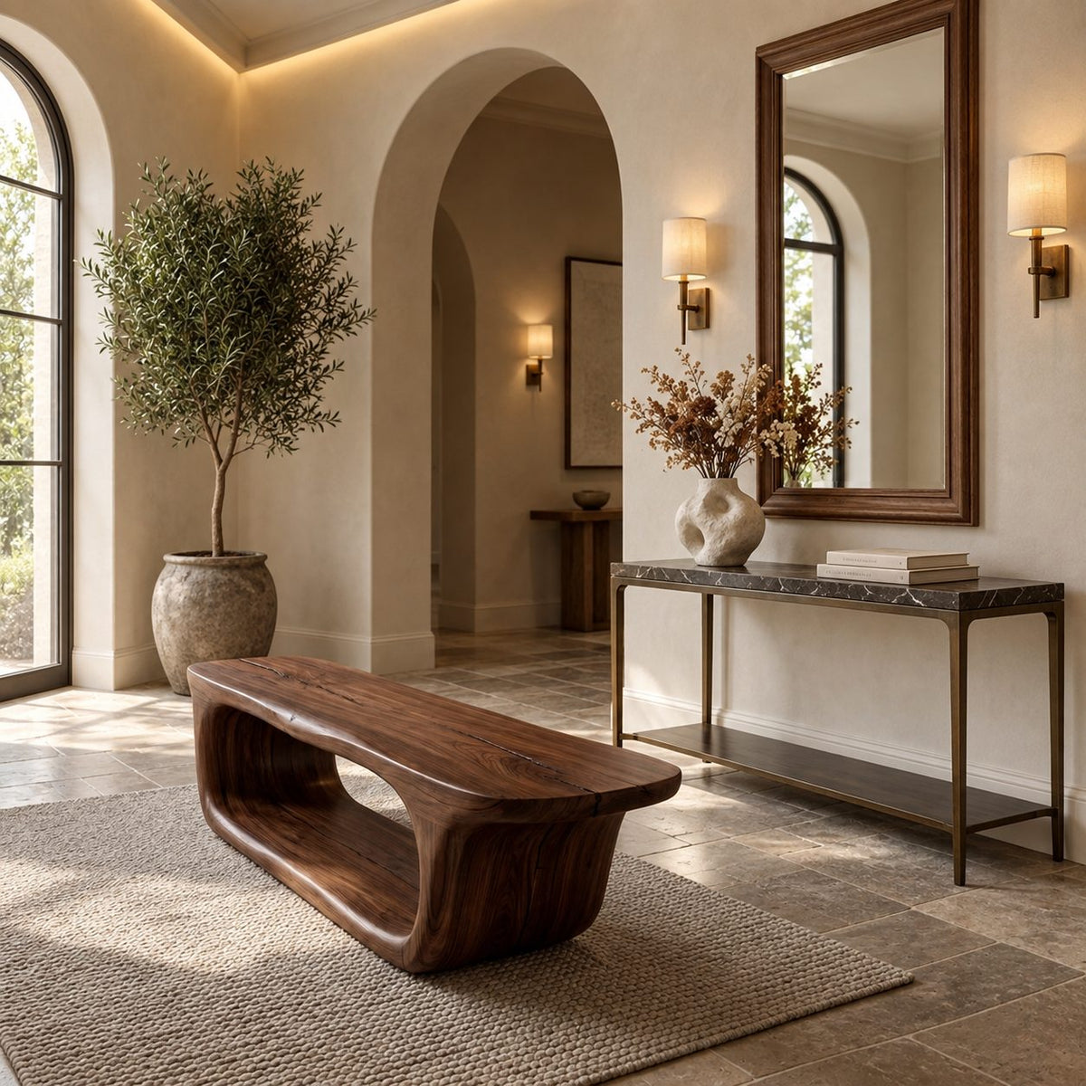 Rounded Capsule Shoe Bench, Sculpted Solid Wood Entryway Bench with Oval Open Loop Base