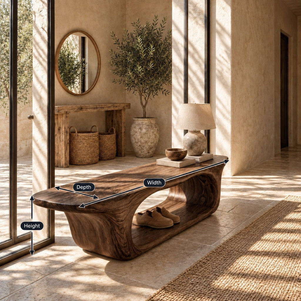 Rounded Capsule Shoe Bench, Sculpted Solid Wood Entryway Bench with Oval Open Loop Base