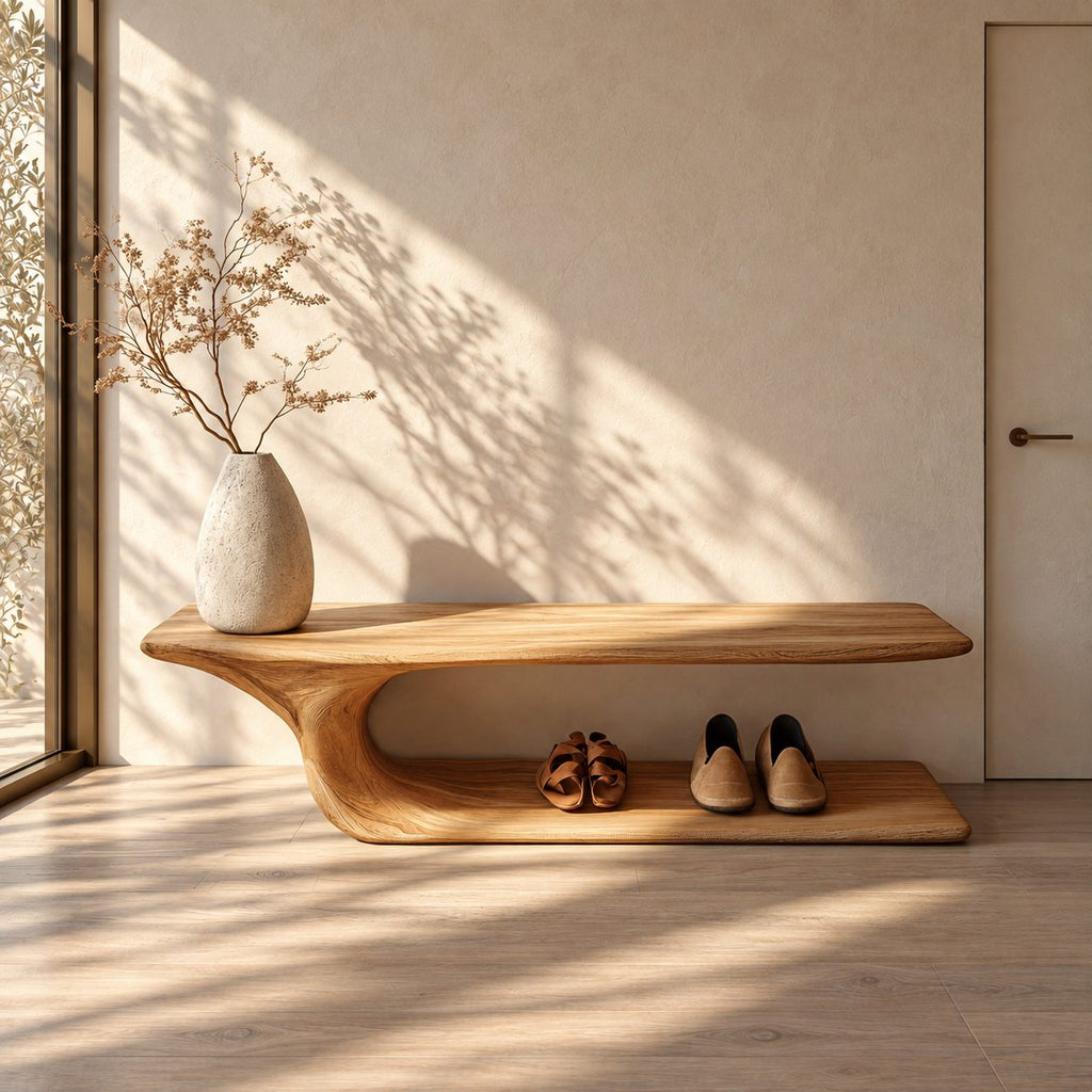 J Curve Floating Top Shoe Bench, Minimalist Solid Wood Entryway Bench with Low Floor Shoe Shelf