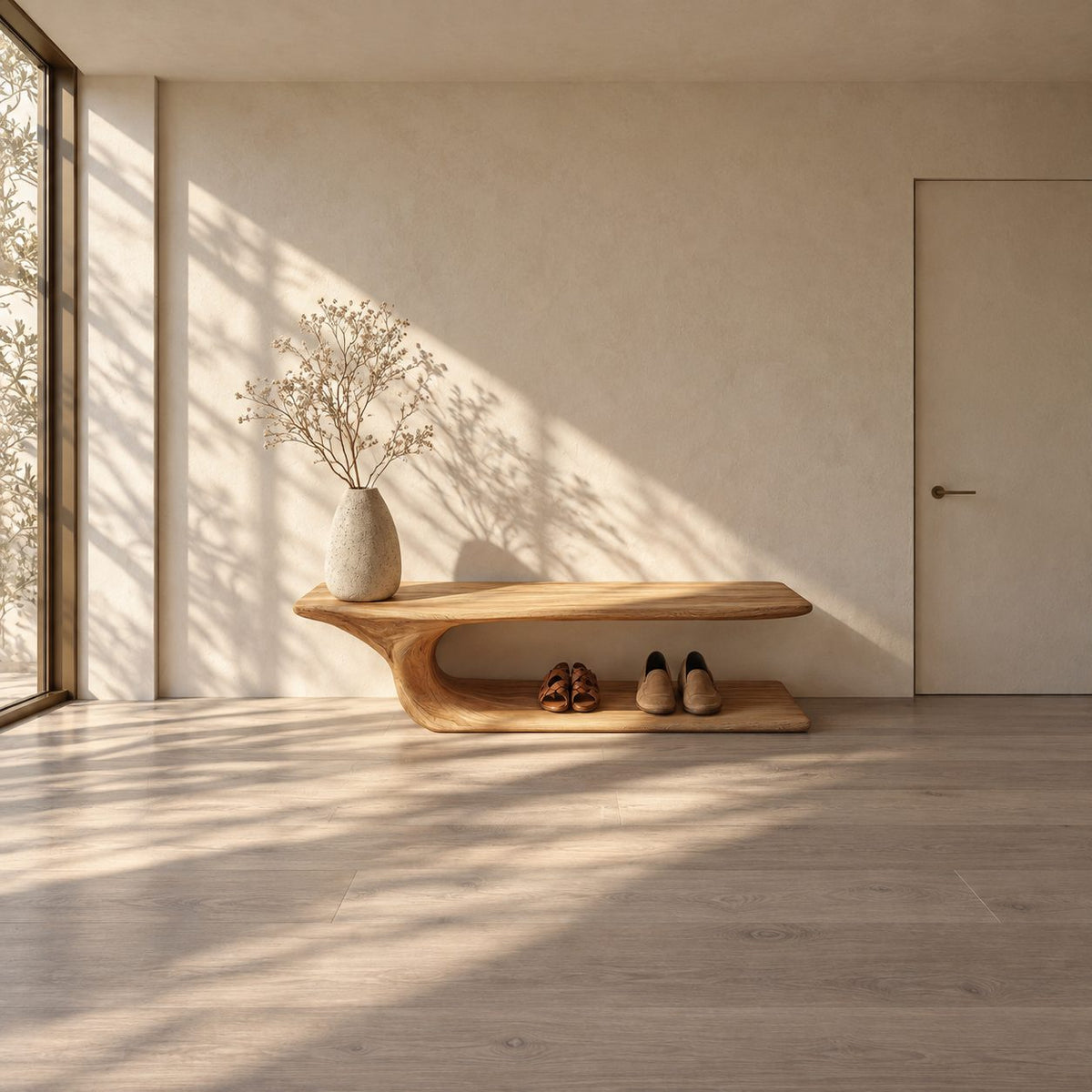 J Curve Floating Top Shoe Bench, Minimalist Solid Wood Entryway Bench with Low Floor Shoe Shelf