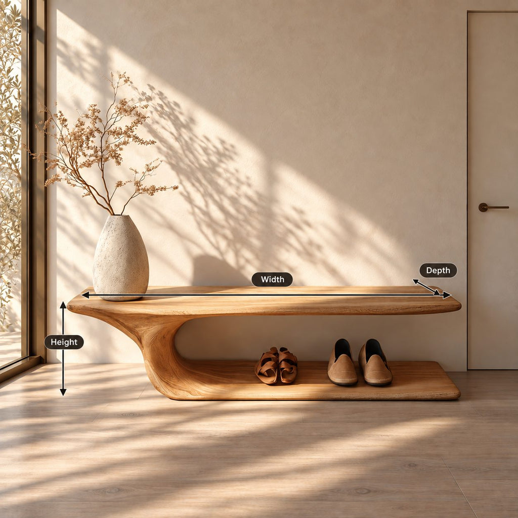 J Curve Floating Top Shoe Bench, Minimalist Solid Wood Entryway Bench with Low Floor Shoe Shelf