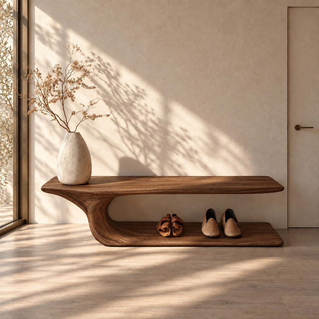 J Curve Floating Top Shoe Bench, Minimalist Solid Wood Entryway Bench with Low Floor Shoe Shelf