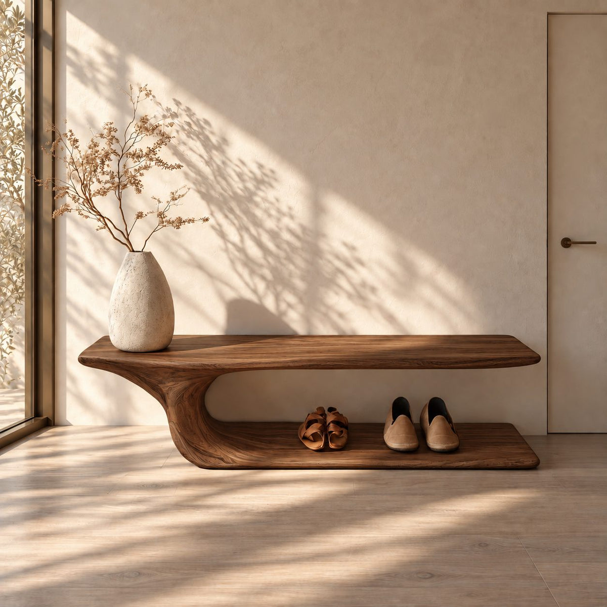 J Curve Floating Top Shoe Bench, Minimalist Solid Wood Entryway Bench with Low Floor Shoe Shelf