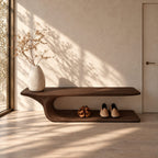 J Curve Floating Top Shoe Bench, Minimalist Solid Wood Entryway Bench with Low Floor Shoe Shelf
