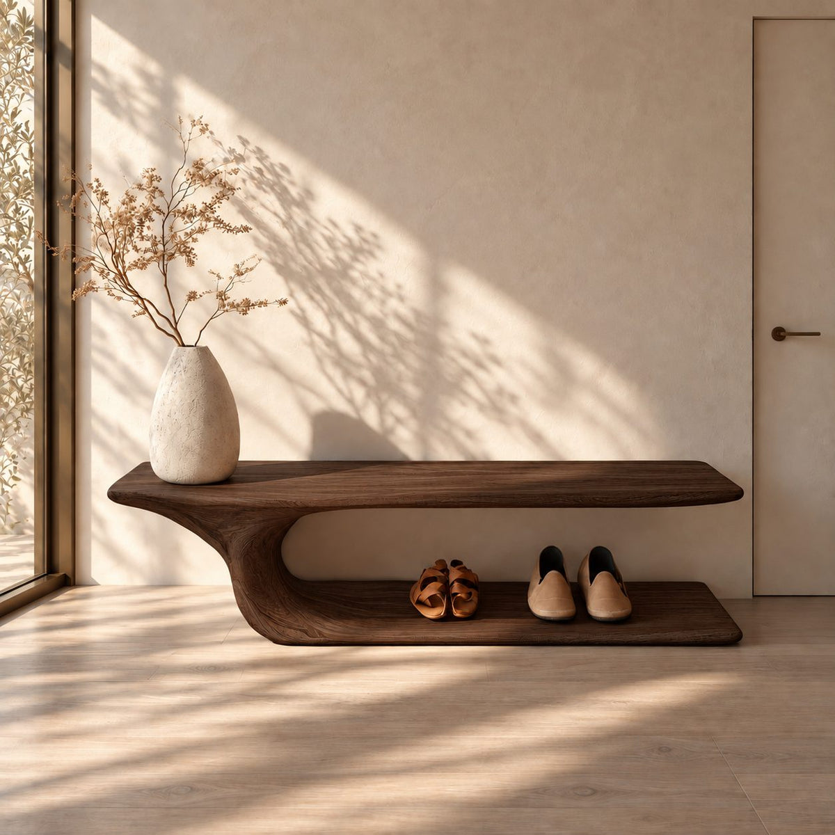 J Curve Floating Top Shoe Bench, Minimalist Solid Wood Entryway Bench with Low Floor Shoe Shelf