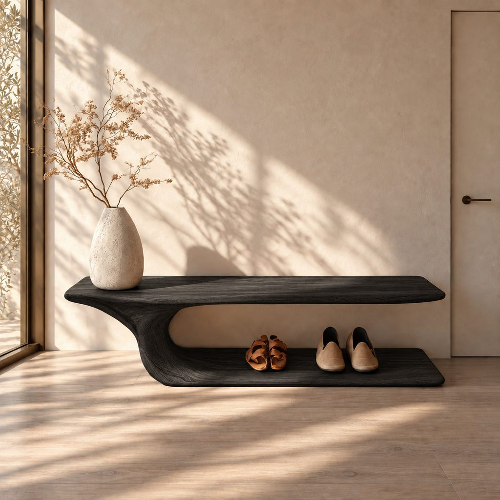 J Curve Floating Top Shoe Bench, Minimalist Solid Wood Entryway Bench with Low Floor Shoe Shelf