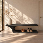 J Curve Floating Top Shoe Bench, Minimalist Solid Wood Entryway Bench with Low Floor Shoe Shelf