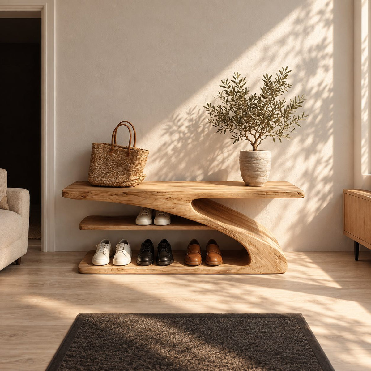 Z Curve Three Level Shoe Bench, Sculpted Solid Wood Entryway Shoe Rack with Cantilever Top