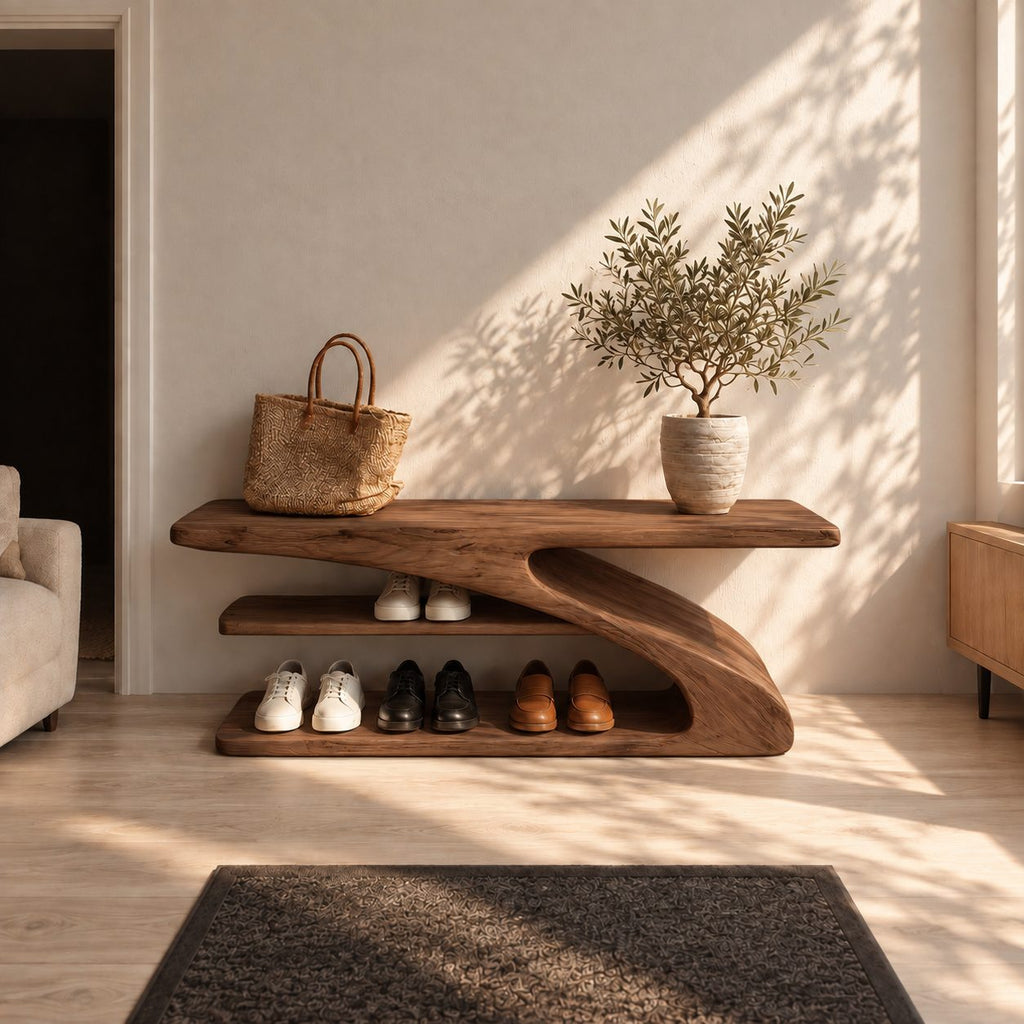 Z Curve Three Level Shoe Bench, Sculpted Solid Wood Entryway Shoe Rack with Cantilever Top