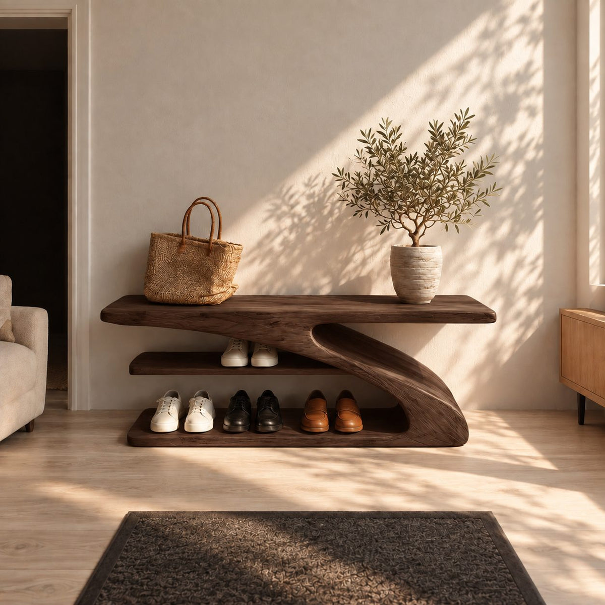 Z Curve Three Level Shoe Bench, Sculpted Solid Wood Entryway Shoe Rack with Cantilever Top