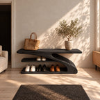Z Curve Three Level Shoe Bench, Sculpted Solid Wood Entryway Shoe Rack with Cantilever Top