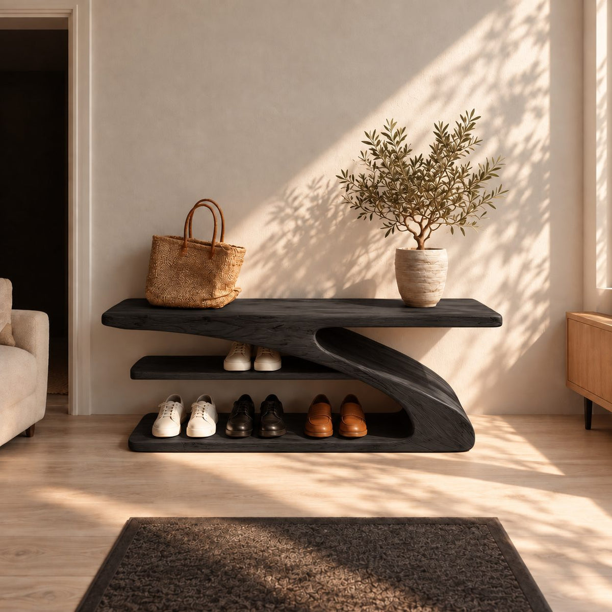 Z Curve Three Level Shoe Bench, Sculpted Solid Wood Entryway Shoe Rack with Cantilever Top