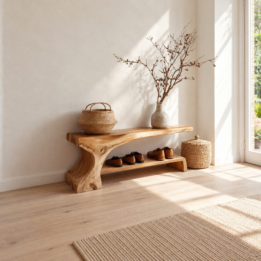 Root Leg Live Edge Shoe Bench, Solid Wood Entryway Bench with One Carved Trunk End and Floor Shelf