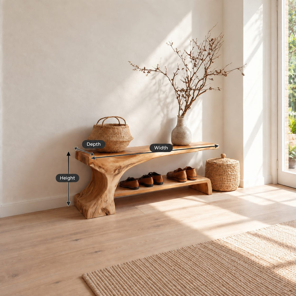 Root Leg Live Edge Shoe Bench, Solid Wood Entryway Bench with One Carved Trunk End and Floor Shelf