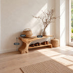 Root Leg Live Edge Shoe Bench, Solid Wood Entryway Bench with One Carved Trunk End and Floor Shelf