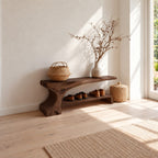 Root Leg Live Edge Shoe Bench, Solid Wood Entryway Bench with One Carved Trunk End and Floor Shelf