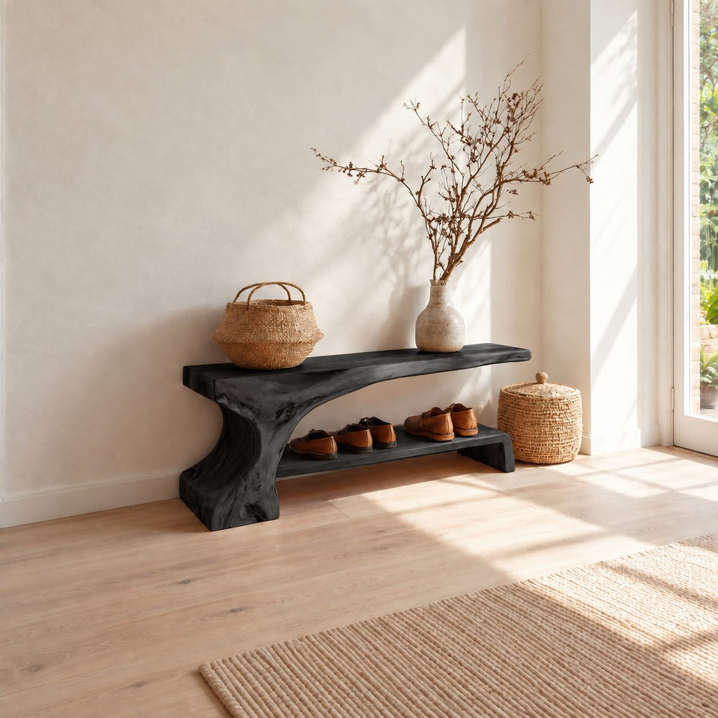 Root Leg Live Edge Shoe Bench, Solid Wood Entryway Bench with One Carved Trunk End and Floor Shelf