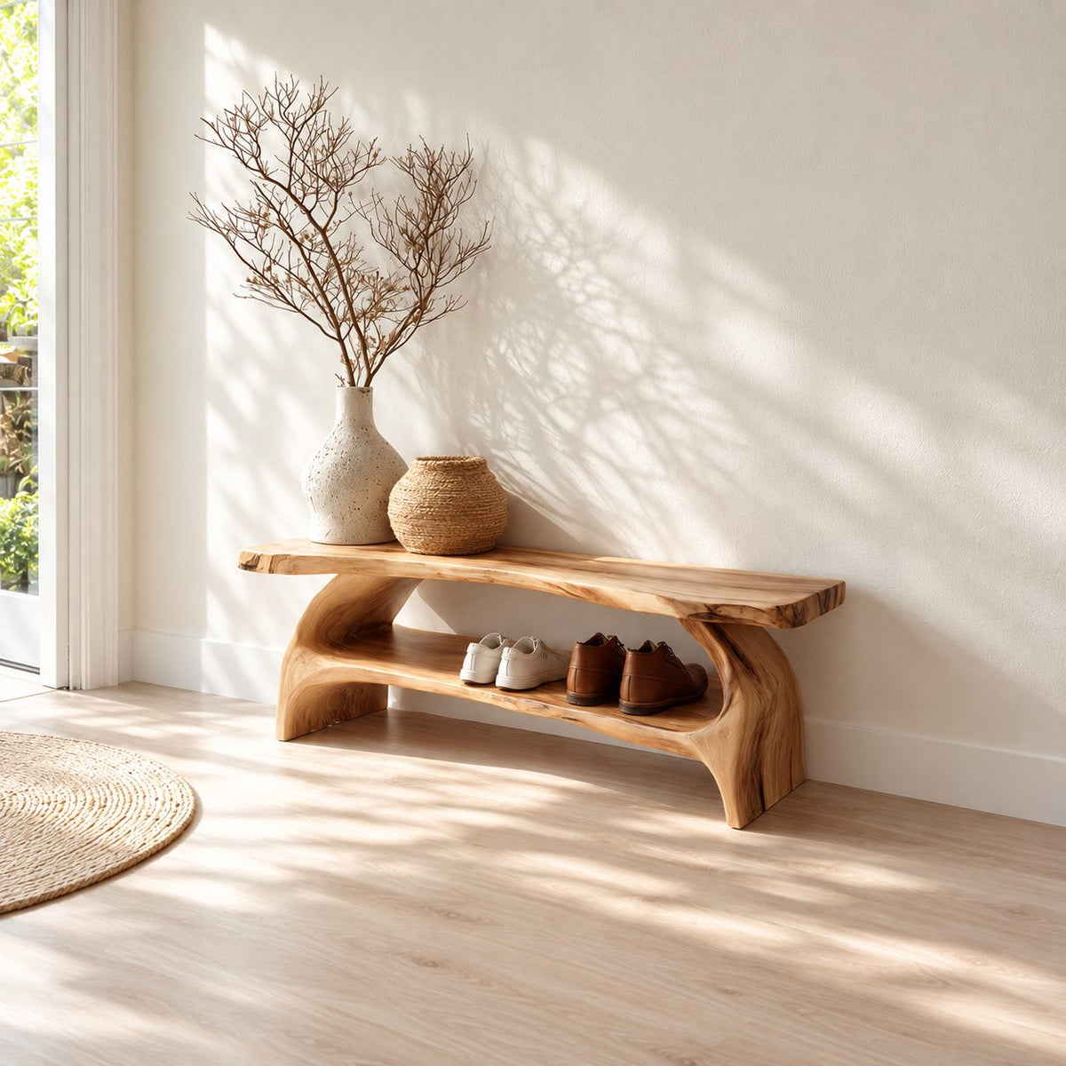 Double Arch Leg Shoe Bench, Live Edge Solid Wood Entryway Bench with Cradled Open Shoe Shelf