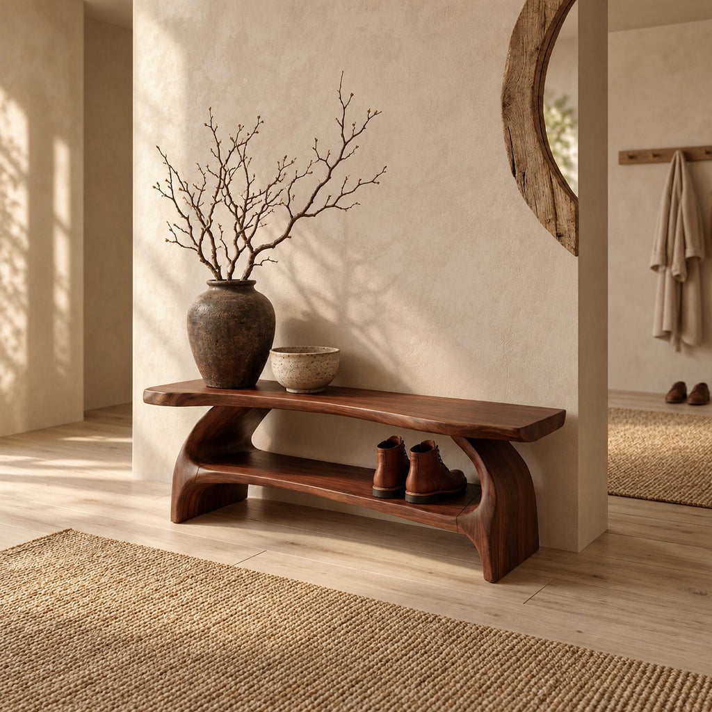 Double Arch Leg Shoe Bench, Live Edge Solid Wood Entryway Bench with Cradled Open Shoe Shelf