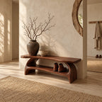 Double Arch Leg Shoe Bench, Live Edge Solid Wood Entryway Bench with Cradled Open Shoe Shelf