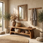 Double Arch Leg Shoe Bench, Live Edge Solid Wood Entryway Bench with Cradled Open Shoe Shelf