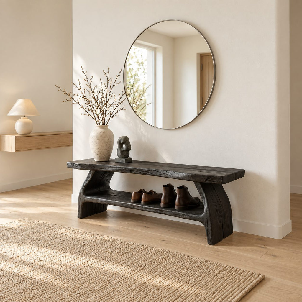 Double Arch Leg Shoe Bench, Live Edge Solid Wood Entryway Bench with Cradled Open Shoe Shelf