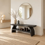Double Arch Leg Shoe Bench, Live Edge Solid Wood Entryway Bench with Cradled Open Shoe Shelf