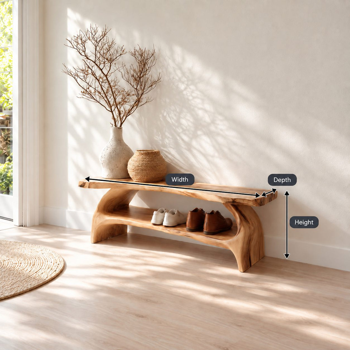 Double Arch Leg Shoe Bench, Live Edge Solid Wood Entryway Bench with Cradled Open Shoe Shelf