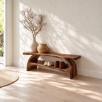 Double Arch Leg Shoe Bench, Live Edge Solid Wood Entryway Bench with Cradled Open Shoe Shelf
