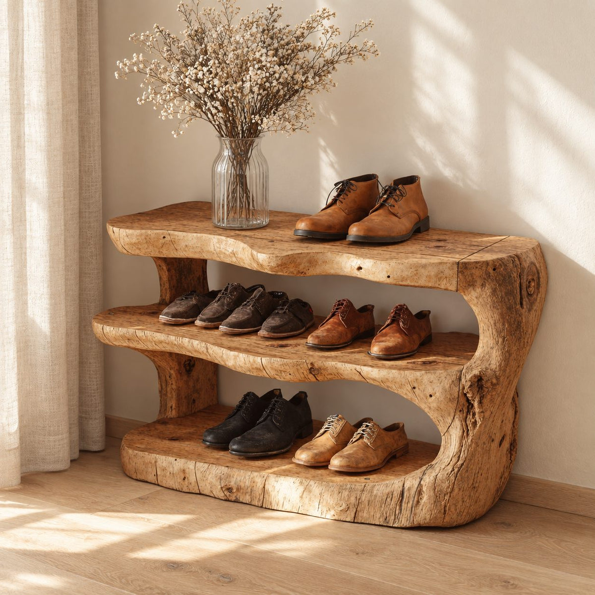 Carved Log Three Tier Shoe Rack, Rustic Solid Wood Entryway Shoe Shelf with Natural Trunk Ends