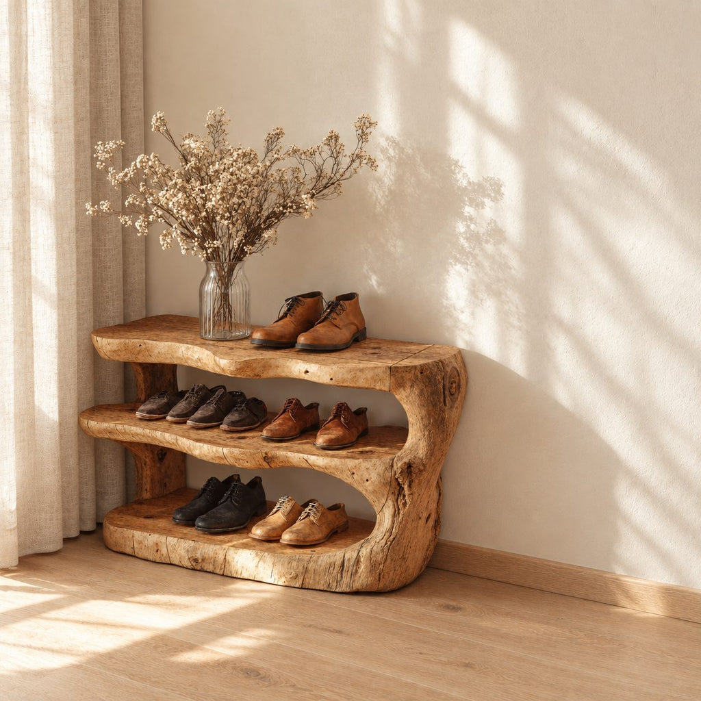 Carved Log Three Tier Shoe Rack, Rustic Solid Wood Entryway Shoe Shelf with Natural Trunk Ends
