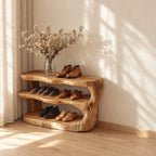 Carved Log Three Tier Shoe Rack, Rustic Solid Wood Entryway Shoe Shelf with Natural Trunk Ends